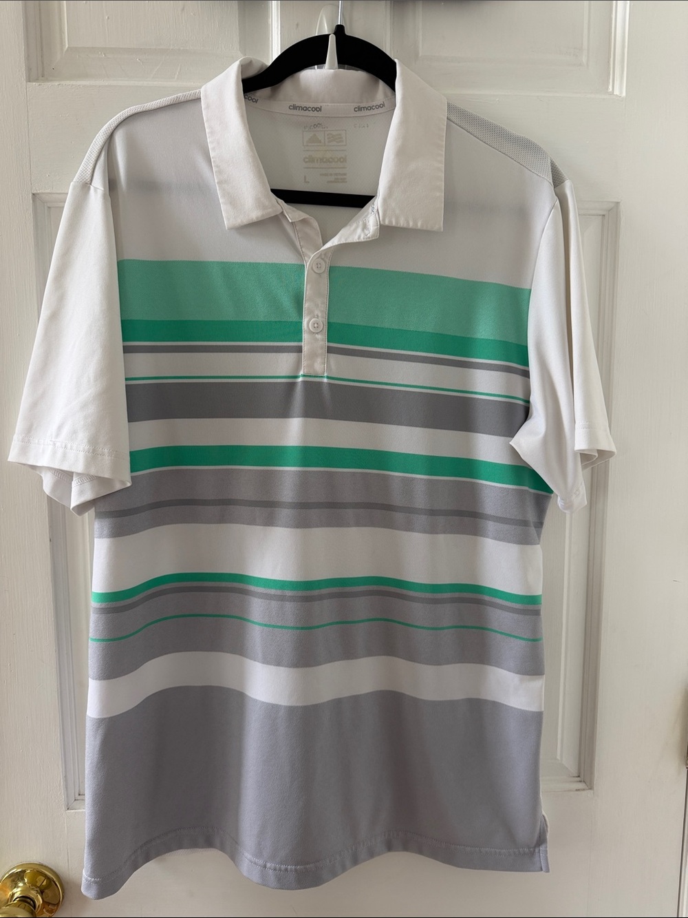 Adidas Golf Climacool White Polo with Teal and Gray Stripes